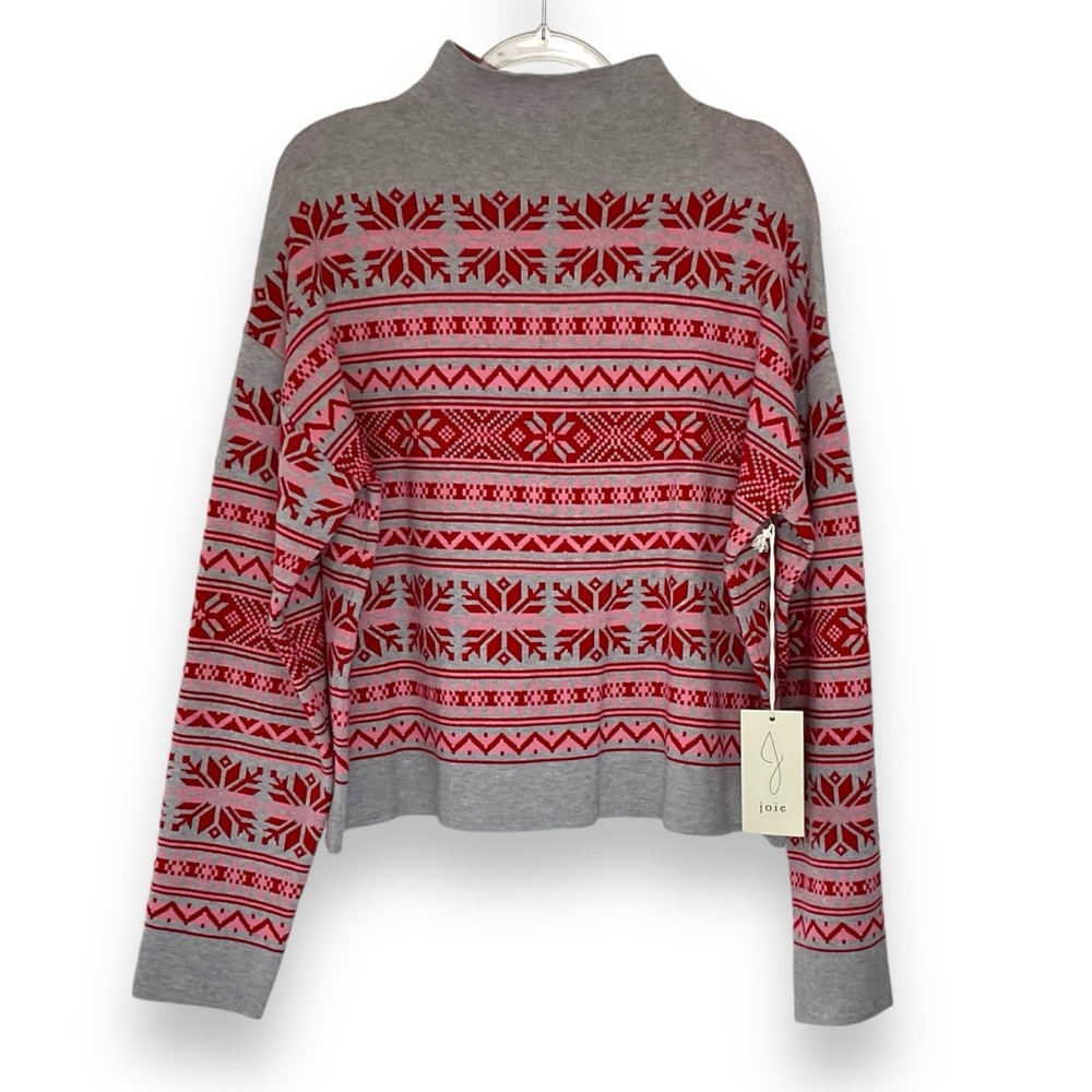 Joie Sweater Grey Pink Nordic Fair Isle Knit Mock Neck Christmas Print Large